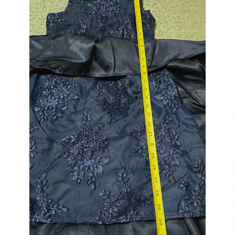 Girls Navy Blue Lace Overlay High‎ Low Dress with Rhinestone Belt Special (AC)